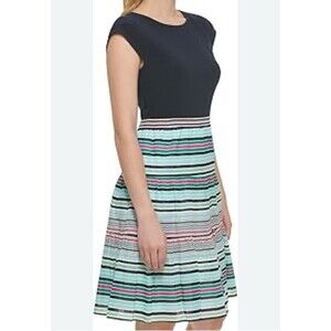 Tommy Hilfiger Womens Striped Short Sleeve Lined Midi Dress Size 12